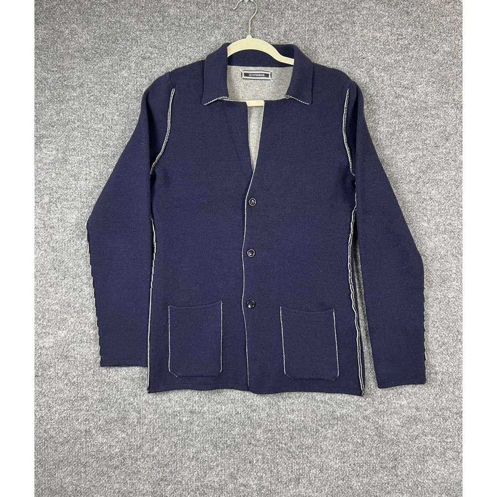 Quintessence Cardigan Womens Size M Navy Blue Knit Sweater Contrast‎ Stitch Wool